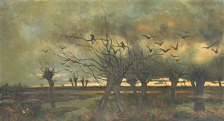 Circle of Karl Daubigny, A landscape at sunset with corvids and pollard trees, oil on canvas, 14