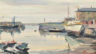 A.J. Bowyer, A harbour scene at low tide, oil on canvas, signed, 8
