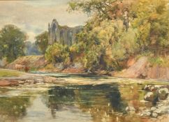 Edward Davies (1841-1920) British, 'Bolton Abbey, Yorkshire', ruins with cattle by the river's edge,