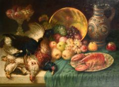 Josef Dederichs (1873-1948) A still life of mixed fruit, dead game, and a lobster on a plate,