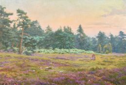 Charles Ernest Butler (1814-1933) British, figures in a field of heather at dusk, oil on board,