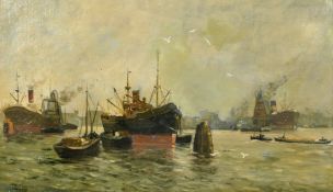 Thomas Madawaska Hemy (1852-1937) British, Newcastle Docks, circa 1935, oil on canvas, signed with