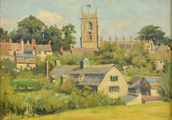 Circle of Philip Connard, 'Winchcombe Mill', View of a village and church, oil on board, inscription