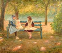 Marie Lefevre (20th Century), two young girls and an infant seated on a riverside bench, oil on