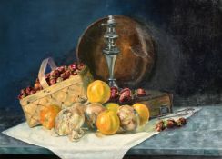 English School, circa 1940, a still life of fruit and other objects, oil on canvas, signed with