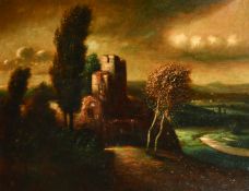 Early 20th Century Continental School, castle ruins in a windswept landscape, oil on panel, signed
