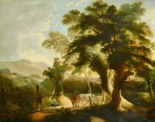 Circle of Charles Towne, a cattle drover crossing a bridge with mountains beyond, oil on canvas,