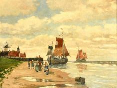 Adolf Hilgers (1879-1944) German, figures on a beach with barges moored close by, oil on canvas,