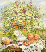 Lidya Datsenko (b. 1948) Russian, a still life of wildflowers and fruit, oil on canvas, signed, 15.