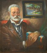 Najib Younis (1930-2007) Iraq, Portrait of a bearded man seated with his hands on a blue covered