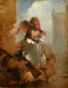 19th Century Continental School, a study of a cavalier holding a rifle, oil on tin, 4.25