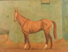 Charles Church (b. 1971) British, a bay horse in a stable, oil on board, signed, 19