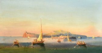 19th Century Italian School, fishing boats casting their nets near the harbour of an island,