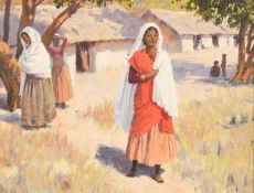 Percy Tarrant (1855-1934) British, A pair of Eastern scenes, village women outside huts, oils on