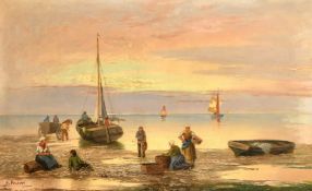 A. Vescovi (19th Century) Italian School, figures sorting the catch at dusk, oil on canvas,