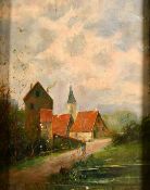 Continental School circa 1909, A figure on a path near a group of buildings and a figure passing a