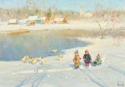 Vladimir Gusev (b. 1957) Russian, children playing in snow at the edge of a lake with ducks close