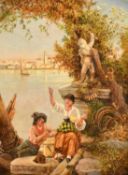 Henry Woods (1846-1921) British, 'Idle Moments', figures conversing by a Venetian lagoon, oil on
