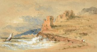 Frank Norrie (19th/20th Century), a watercolour of figures and boats on a shore, signed, along