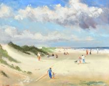 Roy P (20/21st Century), A summer beach scene with families near sand dunes, oil on canvas,