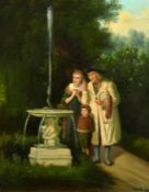 20th Century Continental School, A family group standing on a path by a marble water feature, oil on