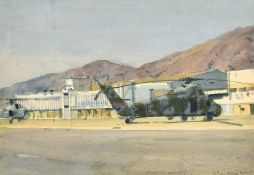 Ken Howard (1932-2022) British, A helicopter grounded at an air base, watercolour, dedicated and