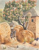 African School, (mid-20th Century) Figures thrashing a crop next to a tree in bloom and a stone