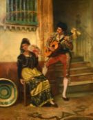 John Haynes-Williams (1836-1908) British, a shy Spanish beauty being serenaded by a guitarist, oil