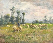 Auguste Prevot-Valeri (1857-1930) French, a shepherd and his flock at daybreak, oil on canvas,