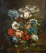 18th Century Continental School, a still life of mixed flowers and a bird nest, oil on panel, 13