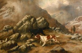 Manner of Robert Cleminson, Pointers in a Scottish landscape near birds with men holding guns