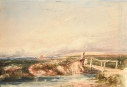 Circle of David Cox, Figures approaching a rustic foot bridge over a stream with hay makers in the