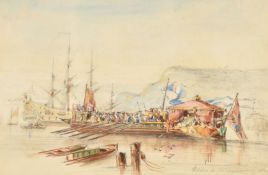 H. Oakes, A Royal barge and other shipping, watercolour, signed, inscribed and dated 1844, label