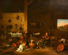 Manner of Teniers, a study of figures and household objects in a barn, oil on canvas, 27.75