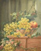 F. Jodice, A still life of fruit in a bowl on a ledge, oil on canvas board, signed, 19.25