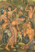 Nyoman Darmana (b. 1942) Indonesian, A Balinese village scene with female figures and livestock,