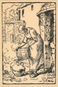 Pierre Millet after Jean Francois Millet, 'Femme vidant un seau', woodcut on thin paper, inscription