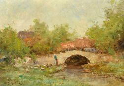 Attributed to Galien-Laloue (1854-1941) French, figure and geese by a stone bridge, oil on board,