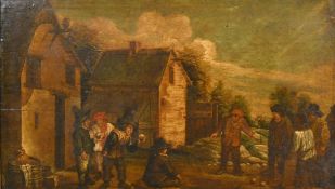 18th Century, Manner of Teniers, A group of men outside an inn playing bowls, oil on panel, 12.25