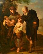 Follower of Benjamin West, 'The Mendicants', Figures on a path with a fortified town beyond, oil