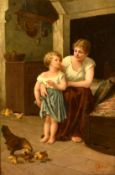 T. Molino (19th Century) Italian, a mother and child in a cottage interior with chickens feeding