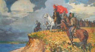 Russian School, A group of horsemen gathered on a hillside, oil on canvas, indistinctly signed