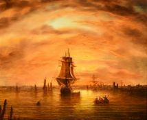 Ronald Cavalla (b. 1940) British, a harbour scene at dusk, oil on board, signed, 10.5