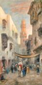 Frans Wilhelm Odelmark (1849-1937) Swedish, 'Kairo', figures and a camel on a busy street with a