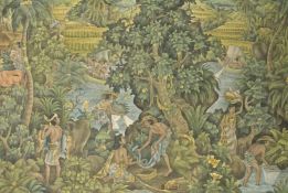 20th Century Indonesian School, A forest scene with figures, animals and an apple tree, canvas