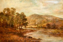 Henry Cooper (Act. 1910-1935), British, A Welsh River view with figures on the bank, oil on