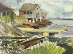 Impressionist School, possibly American, Barns by a lake with logs in the foreground, oil on canvas,
