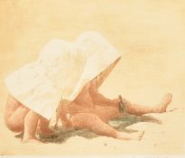 Mortimer Menpes (1855-1938) British, 'Bonnets', two children on a beach, colour etching, signed in
