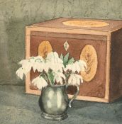 Modern British School, A still life of snowdrops in a pewter tankard, watercolour, initialled R.H,