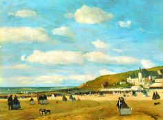 Late 20th Century, A busy beach at a French seaside resort, oil on panel, 12